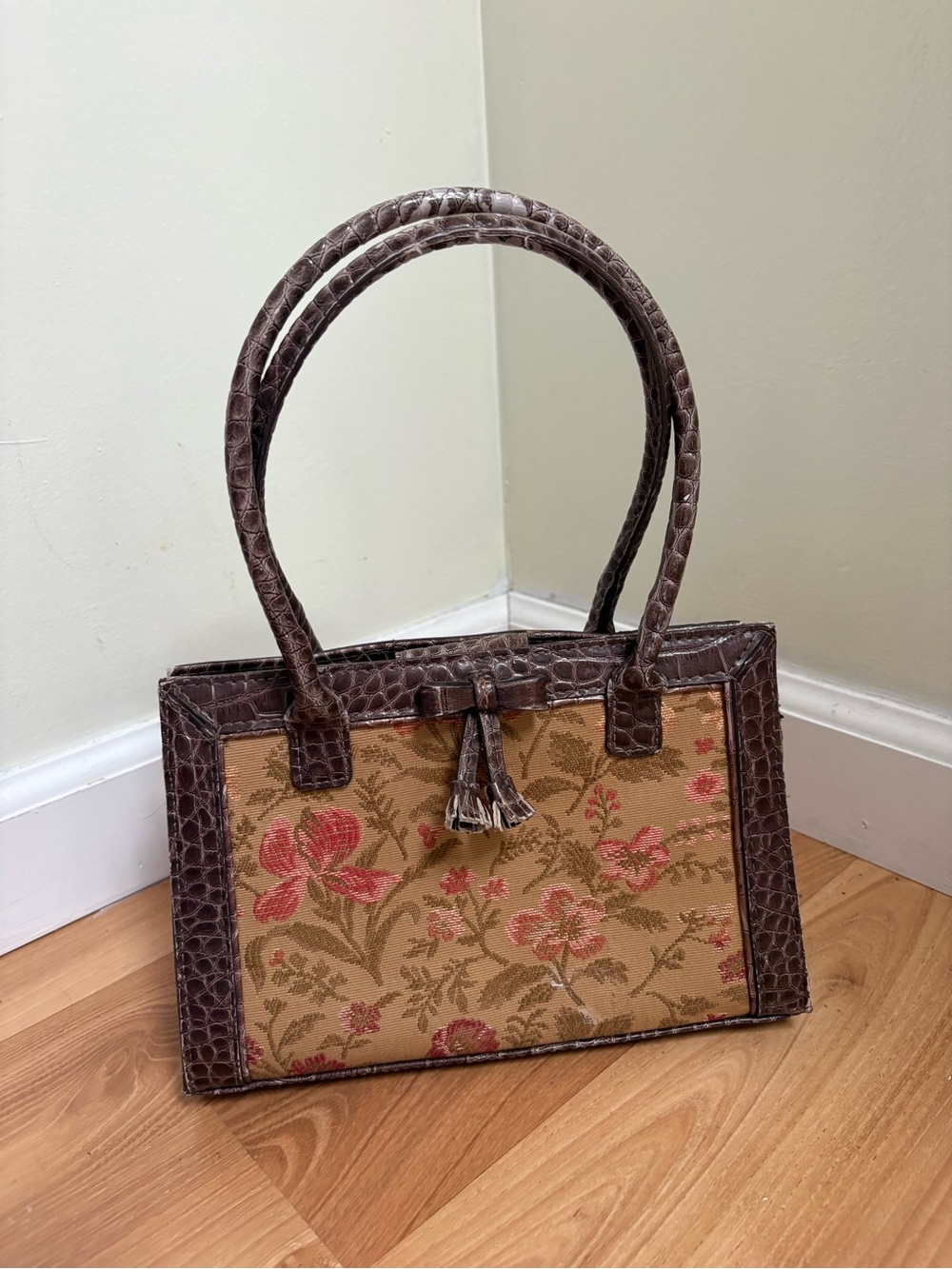 Vintage Liz Claiborne Brown Floral Tapestry Satchel with Tassel